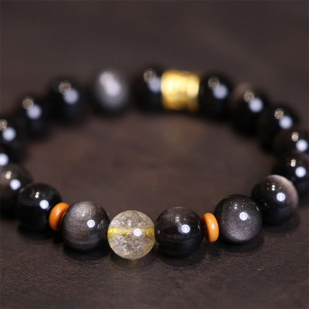 Buddha Stones Natural Silver Sheen Obsidian Crystal Om Mani Padme Hum Bead Protection Bracelet