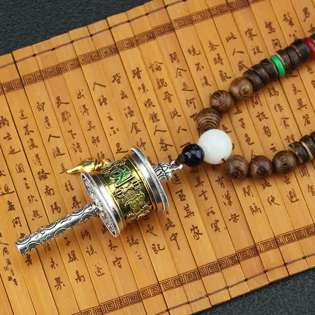Buddha Stones Tibetan Om Mani Padme Hum Prayer Wheel Rotation Vajra Wood Necklace Pendant Necklaces & Pendants BS 7
