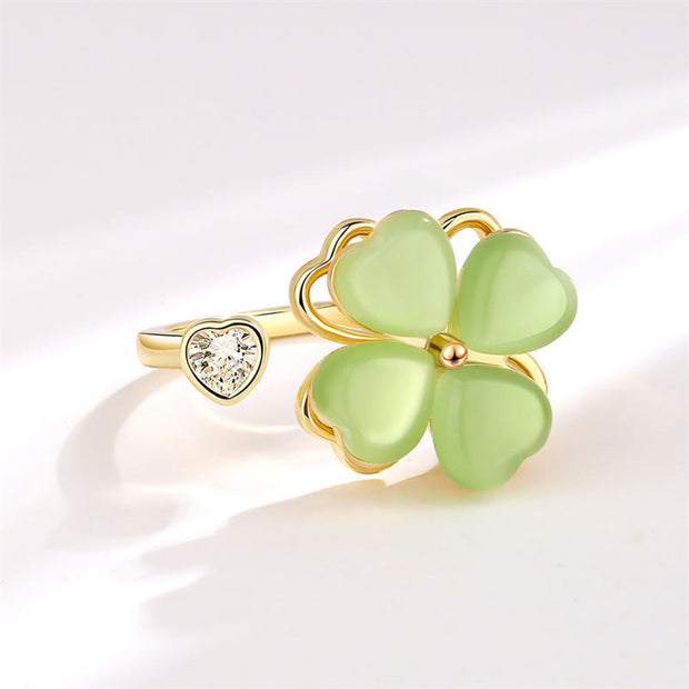 Buddha Stones Cat's Eye Four Leaf Clover Zircon Love Rotatable Ring Ring BS 3