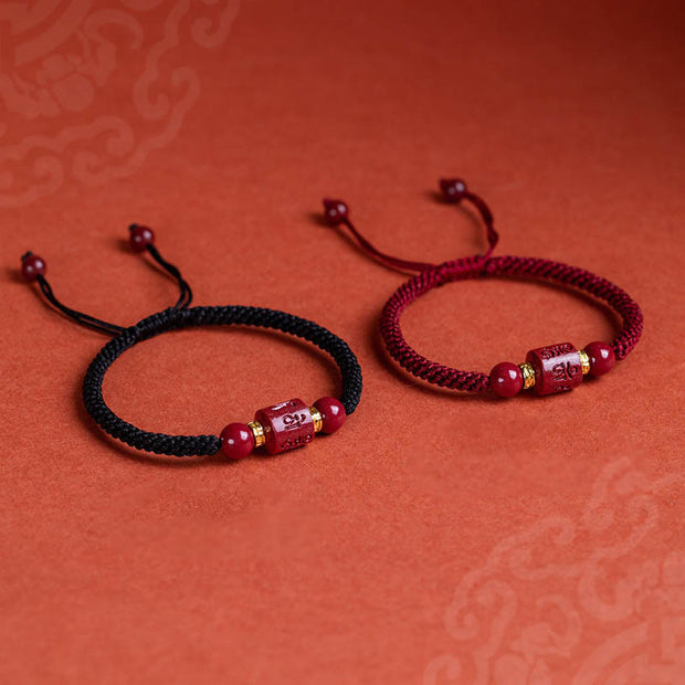 Buddha Stones Tibet Cinnabar Om Mani Padme Hum Engraved Blessing Braided Bracelet Bracelet BS 16