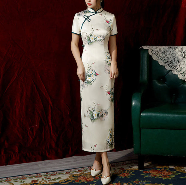 Buddha Stones Vintage Lotus Magnolia Peony Flower Pattern Cheongsam Dress Women's Qipao Dress