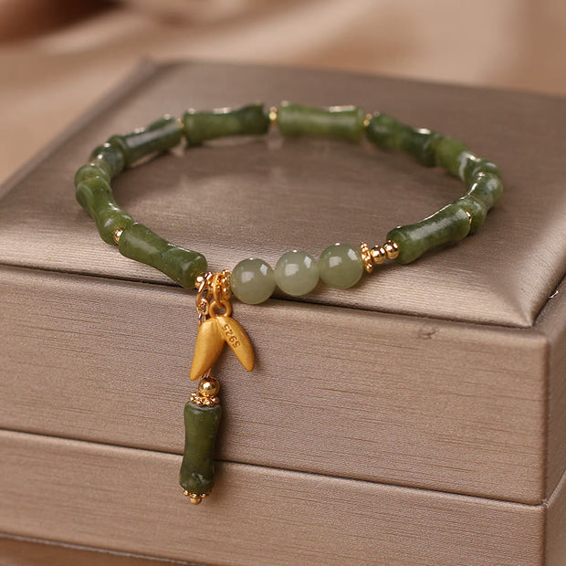 Buddha Stones Green Bamboo Jade Leaf Pattern Wealth Luck Bracelet Bracelet BS 5
