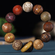 Buddha Stones Chinese Zodiac Rosewood Green Sandalwood Ebony Wood Copper Coin Carved Calm Bracelet