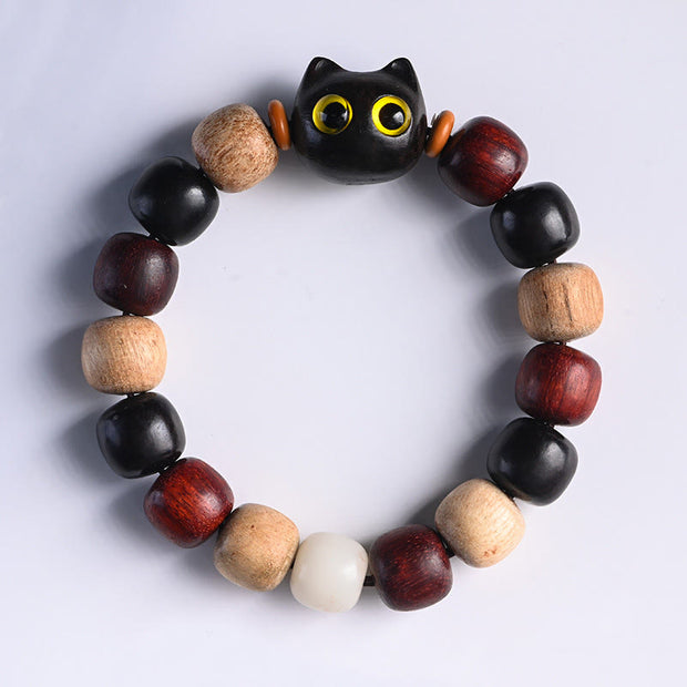 Buddha Stones Small Leaf Red Sandalwood Ebony Wood Cute Cat Engraved Protection Bracelet Bracelet BS 3