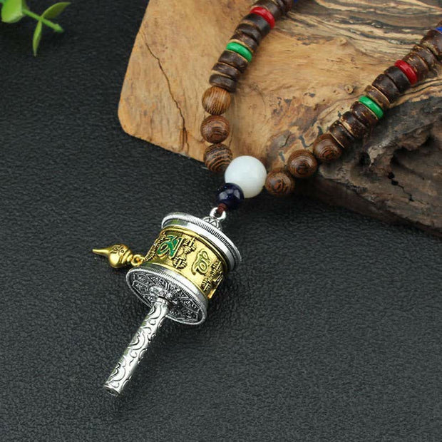 Buddha Stones Tibetan Om Mani Padme Hum Prayer Wheel Rotation Vajra Wood Necklace Pendant Necklaces & Pendants BS 5
