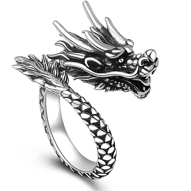 Buddha Stones 990 Sterling Silver Vintage Dragon Design Luck Protection Strength Adjustable Ring Ring BS Vintage Black(US7-US12 Adjustable)