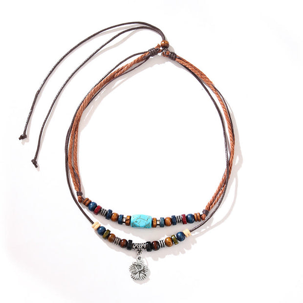 Buddha Stones Turquoise Small Flower Protection Double Layer Necklace Pendant Bracelet Bracelet Necklaces & Pendants BS 3