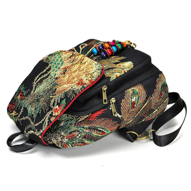 Buddha Stones Peacock Embroidery Canvas Tassel Backpack Backpack BS 4