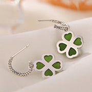 Buddha Stones 925 Sterling Silver Natural Cyan Jade Four Leaf Clover Luck Success Earrings Earrings BS 5