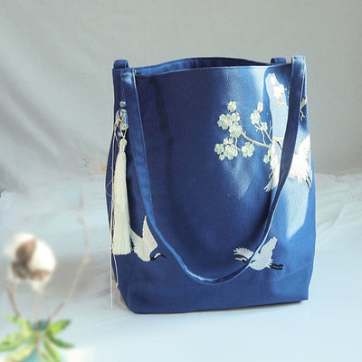 Buddha Stones Flower Crane Plum Blossom Embroidery Canvas Large Capacity Shoulder Bag Tote Bag Bag BS Blue Flower Crane