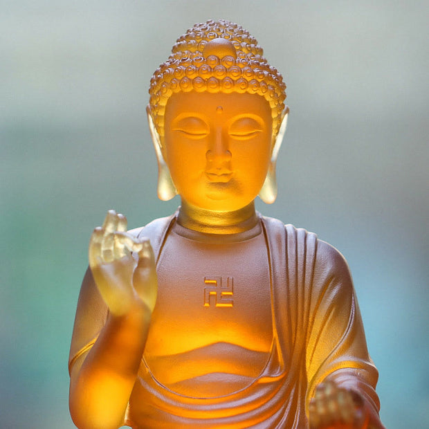 Buddha Stones Handmade Sakyamuni Buddha Liuli Crystal Art Piece Compassion Statue Home Office Offering Decoration