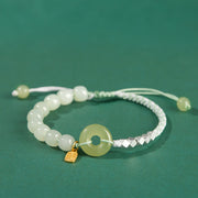 Buddha Stones 925 Sterling Silver Hetian Jade Peace Buckle Beaded Luck Happiness Charm Bracelet Bracelet BS Green