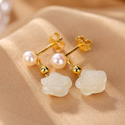 Buddha Stones 925 Sterling Silver Plated Gold Jade Rose Flower Cyan Jade Pearl Luck Earrings Earrings BS 4