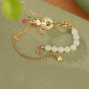 Buddha Stones 925 Sterling Silver Hetian Jade Peace Buckle Lotus Luck Chain Bracelet Bracelet BS 3
