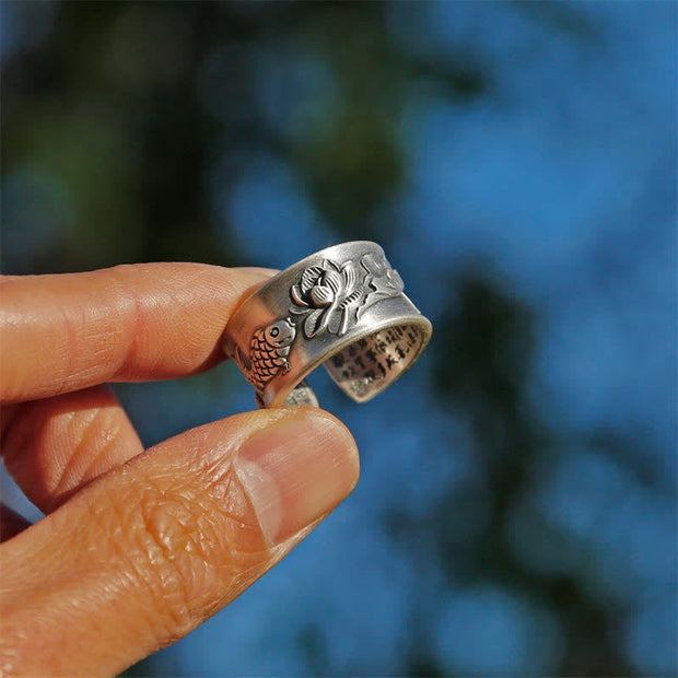 Buddha Stones 999 Sterling Silver Luck Koi Fish Lotus Heart Sutra Wealth Ring Ring BS 3