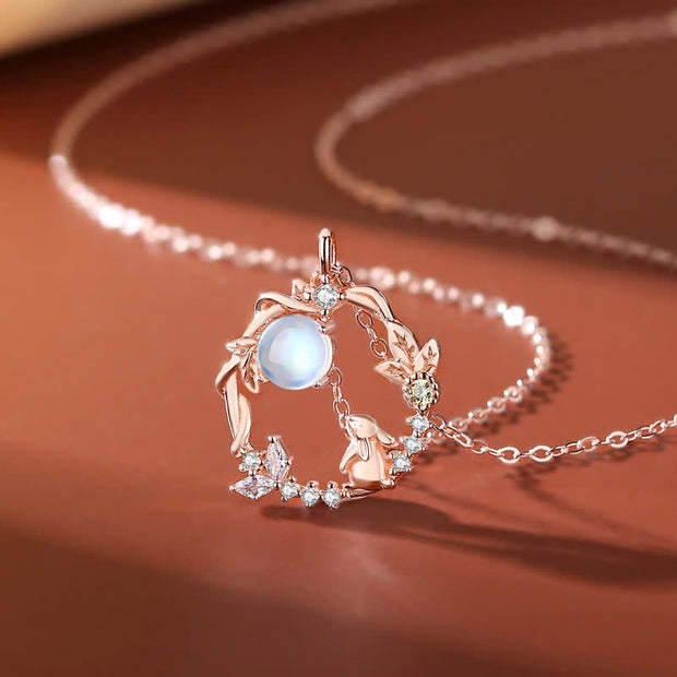925 Sterling Silver Year of the Rabbit Moonstone Moon Flower Pattern Necklace Pendant Bracelet Earrings Necklaces & Pendants BS Necklace Rose Gold