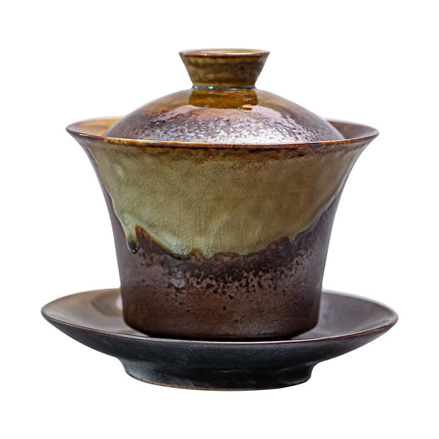 Buddha Stones Vintage Brown Kiln Change Design Porcelain Ceramic Gaiwan Sancai Teacup Kung Fu Tea Cup And Saucer With Lid