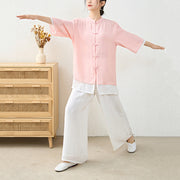 Buddha Stones 2Pcs Simple Chinese Frog Button Design Top Pants Meditation Yoga Zen Tai Chi Cotton Clothing Women's Set