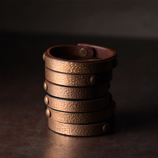 Buddha Stones Vintage Handmade Texture Copper Brass Leather Wealth Bracelet Bangle