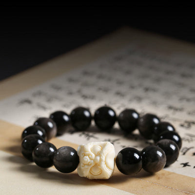 Buddha Stones Silver Sheen Obsidian Bodhi Seed Ivory Fruit Dancing Lion Protection Bracelet