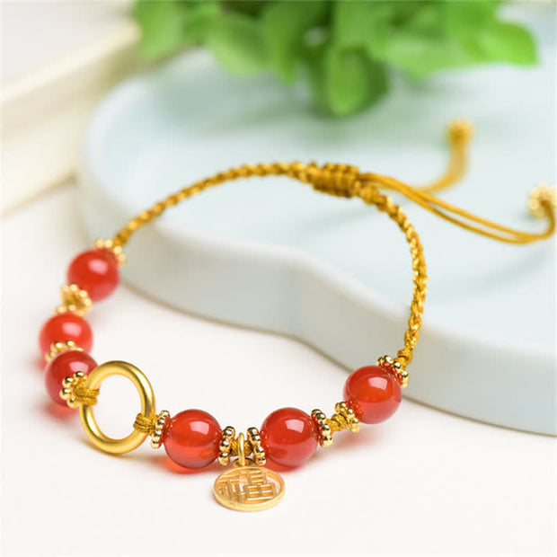 Buddha Stones Red Agate Happiness Charm String Bracelet
