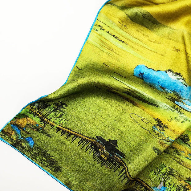 Buddha Stones A Panorama of Rivers and Mountains 100% Mulberry Silk Scarf Premium Grade 6A Silk Shawl