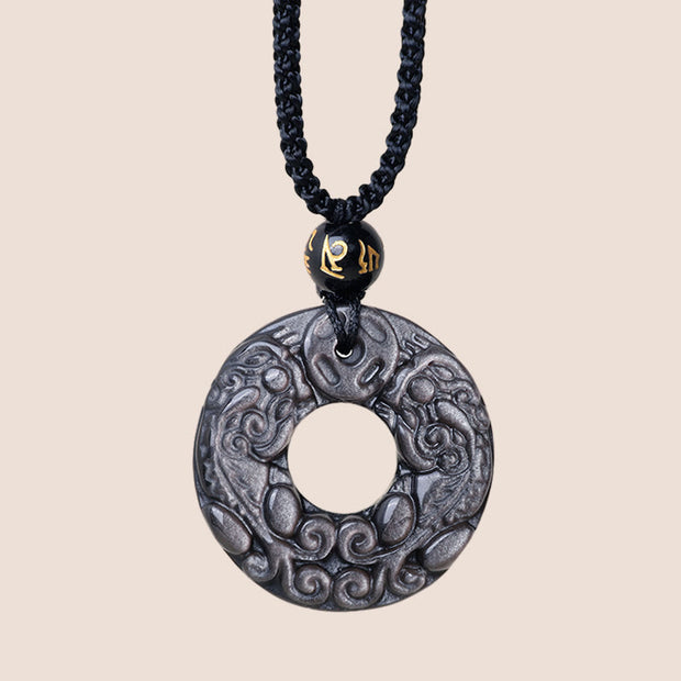Buddha Stones Natural Silver Sheen Obsidian Double PiXiu Copper Coin Peace Buckle Protection Necklace Pendant Necklaces & Pendants BS 2