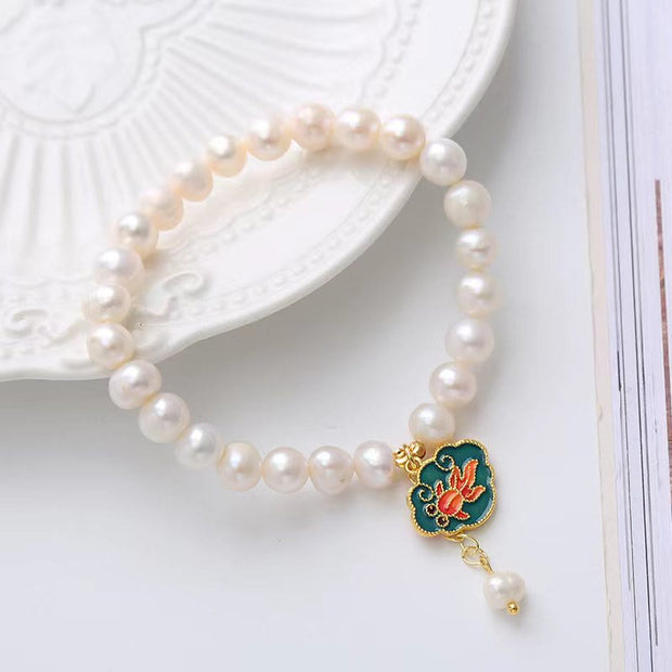 Buddha Stones Natural Pearl Lotus Koi Fish Goldfish Optimism Charm Bracelet Bracelet BS 4
