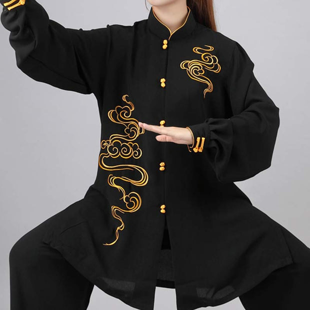 Buddha Stones Auspicious Clouds Embroidery Meditation Prayer Spiritual Zen Tai Chi Qigong Practice Unisex Clothing Set Clothes BS Black XXXL