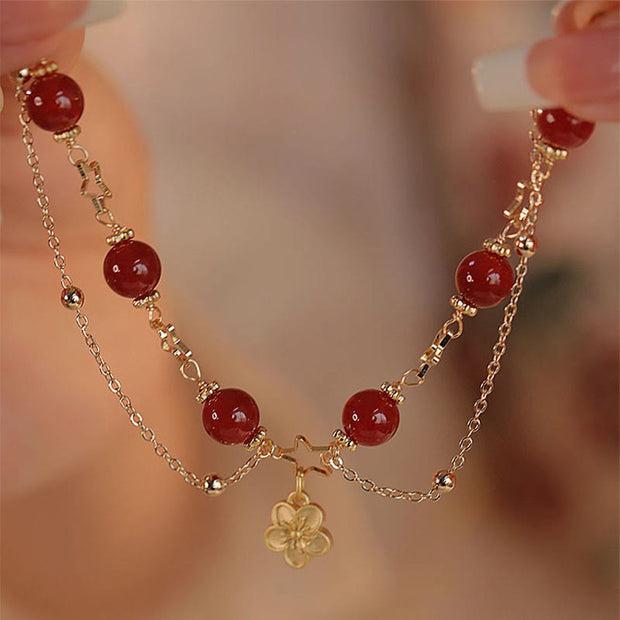 Buddha Stones 14k Gold Plated Red Agate Star Flower Charm Calm Bracelet