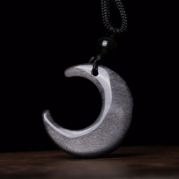 Buddha Stones Natural Silver Sheen Obsidian Selenite Crystal Crescent Moon Yin Yang Couple Protection Necklace Pendant