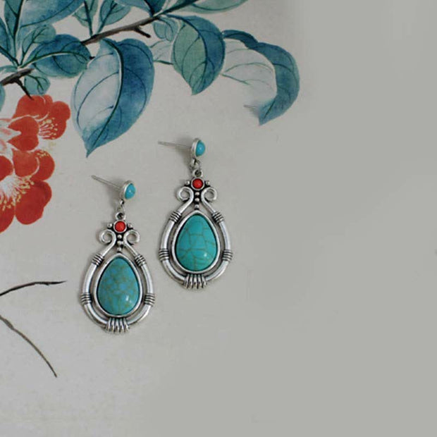 Buddha Stones Tibet Vintage Turquoise Waterdrop Strength Drop Dangle Earrings Clips Earrings BS 7