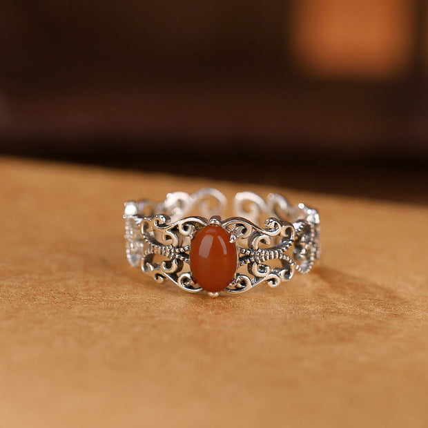 Buddha Stones 925 Sterling Silver Vintage Red Agate Self-acceptance Calm Ring