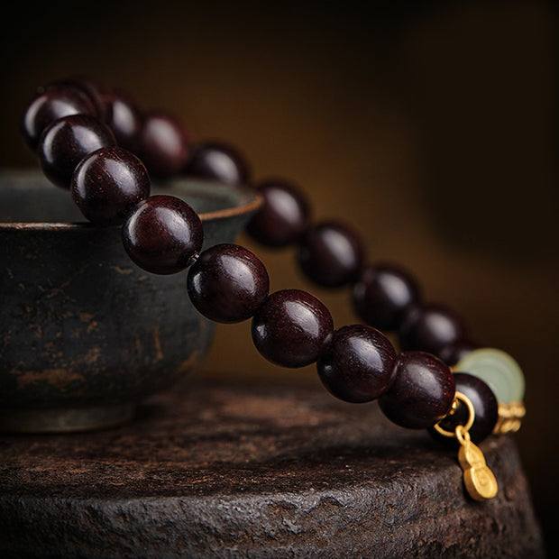Buddha Stones Small Leaf Red Sandalwood Gourd Jade Calm Relaxation Bracelet Bracelet BS 17