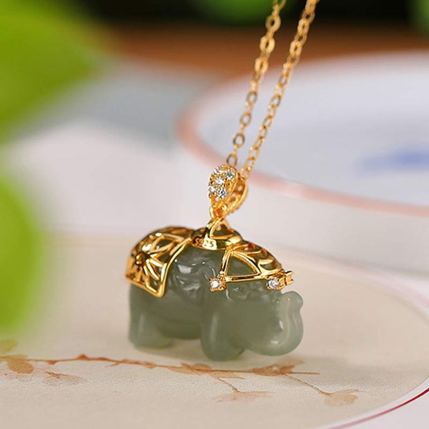 Buddha Stones 925 Sterling Silver Jade Elephant Blessing Fortune Necklace Chain Pendant Necklaces & Pendants BS 3