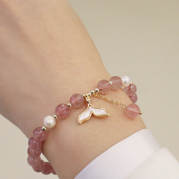 Buddha Stones Strawberry Quartz Pearl Elk Smiley Face Fishtail Fu Character Charm Healing Bracelet Bracelet BS 8