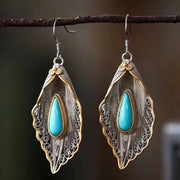 Buddha Stones 925 Sterling Silver Turquoise Bodhi Leaf Pattern Protection Drop Dangle Earrings Earrings BS 4