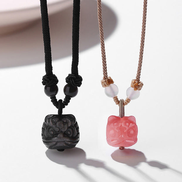 Buddha Stones Natural Silver Sheen Obsidian Red Agate Dancing Lion Protection Necklace Pendant Necklaces & Pendants BS main