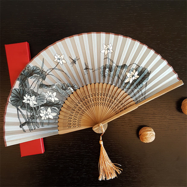 Buddha Stones Butterfly Flower Plum Blossom Cherry Blossom Sakura Bamboo Handheld Silk Bamboo Folding Fan 21cm
