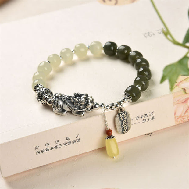 Buddha Stones 925 Sterling Silver Natural Hetian Jade Amber PiXiu Luck Bracelet Bracelet BS Hetian Jade (Prosperity ♥ Abundance)