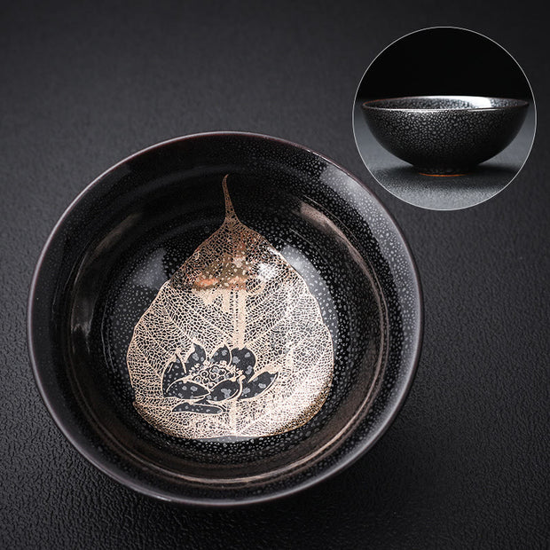 Buddha Stones Gold Leaf Chinese Jianzhan Dragon Phoenix Lotus Avalokitesvara Koi Fish Ceramic Teacup Tenmoku Kung Fu Tea Cup Bowl Jian Zhan Tea Cup BS 8.2cm*3.4cm*80ml Lotus