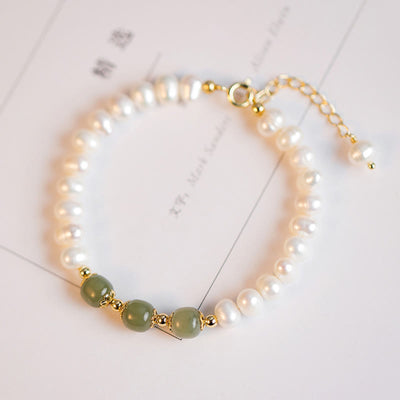 Buddha Stones 14K Gold Plated Natural Pearl Hetian Cyan Jade White Jade Sincerity Bead Chain Bracelet Bracelet BS Cyan Jade(Success♥Healing)