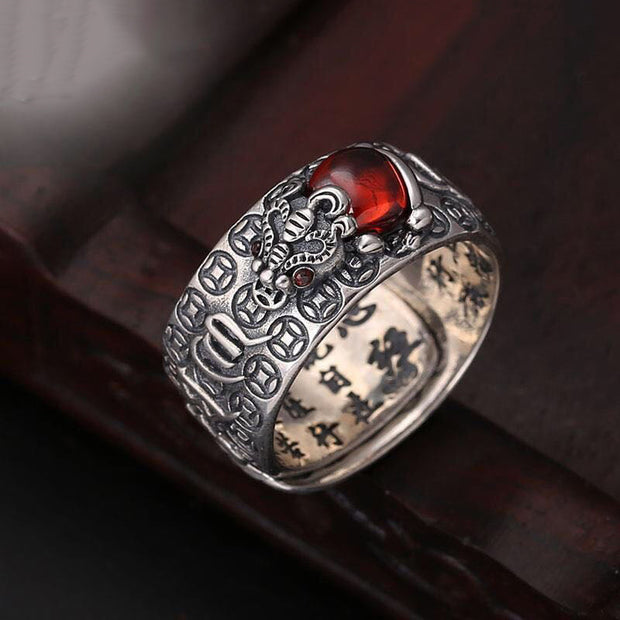 Buddha Stones Genstone PiXiu Feng Shui Frog Vajra Dorje Heart Sutra Wealth Adjustable Ring Ring BS 2