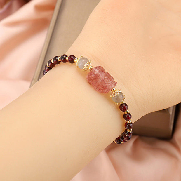 Buddha Stones Natural Tourmaline Garnet Strawberry Quartz PiXiu Moonstone Protection Bracelet Bracelet BS 7