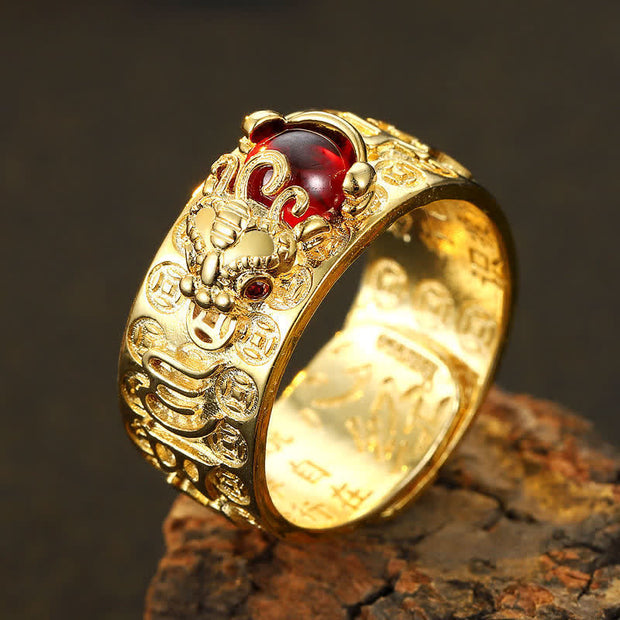 Buddha Stones FengShui PiXiu Red Garnet Heart Sutra Wealth Ring Ring BS Gold