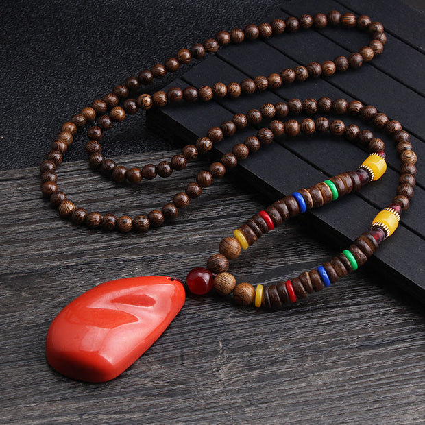Buddha Stones Tibetan Wenge Wood Bodhi Seed Agate Balance Peace Necklace Pendant Necklaces & Pendants BS Wenge Wood&Red Agate