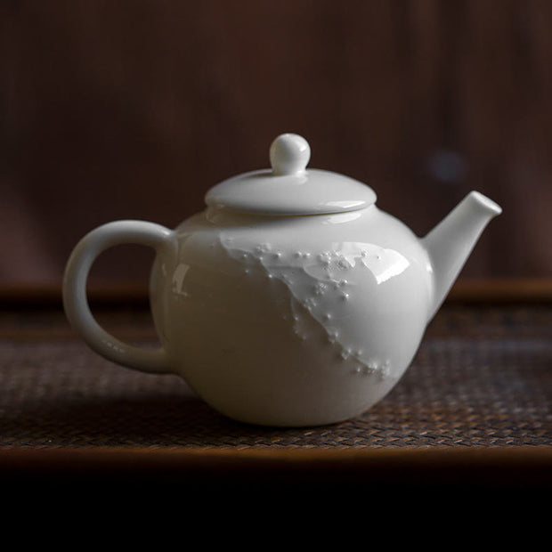 Buddha Stones White Plum Pine Bamboo Engraved Design Ceramic Teapot