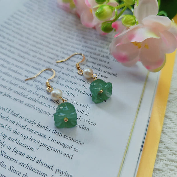 Buddha Stones Lily of The Valley Natural Green Aventurine 14K Gold Plated Luck Pearl Drop Dangle Floral Earrings Earrings BS 3