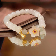 Buddha Stones Jade Peach Blossom Flower Pearl Luck Blessing Bracelet Bracelet BS 6