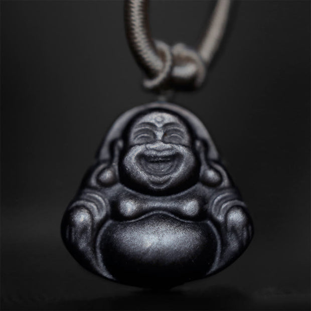 Buddha Stones Natural Silver Sheen Obsidian Laughing Buddha Protection Necklace Pendant Necklaces & Pendants BS 4